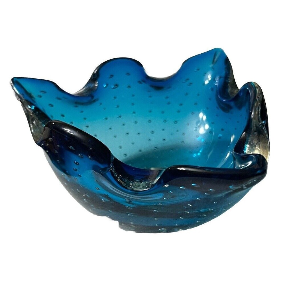 Blue Art Glass Bowl Controlled Bubble Trinket Candy Dish MCM Retro Ashtray - Picture 3 of 7